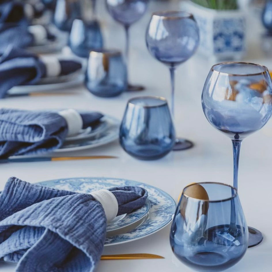 Siren Short Stemless Goblets – Atlantic Blue with Gold Rim (Set of 4)
