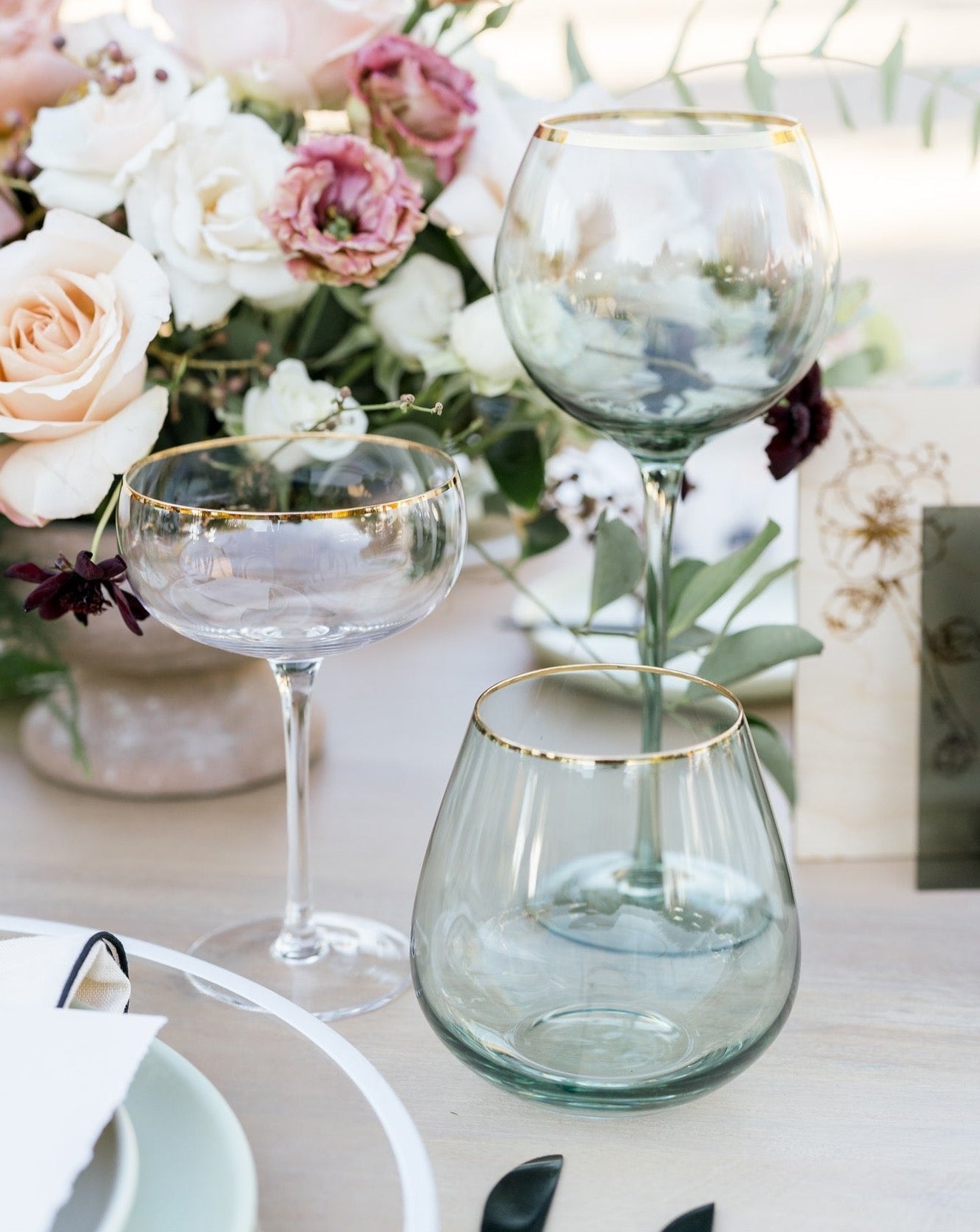 Siren Short Stemless Goblets – Sage with Gold Rim (Set of 4)