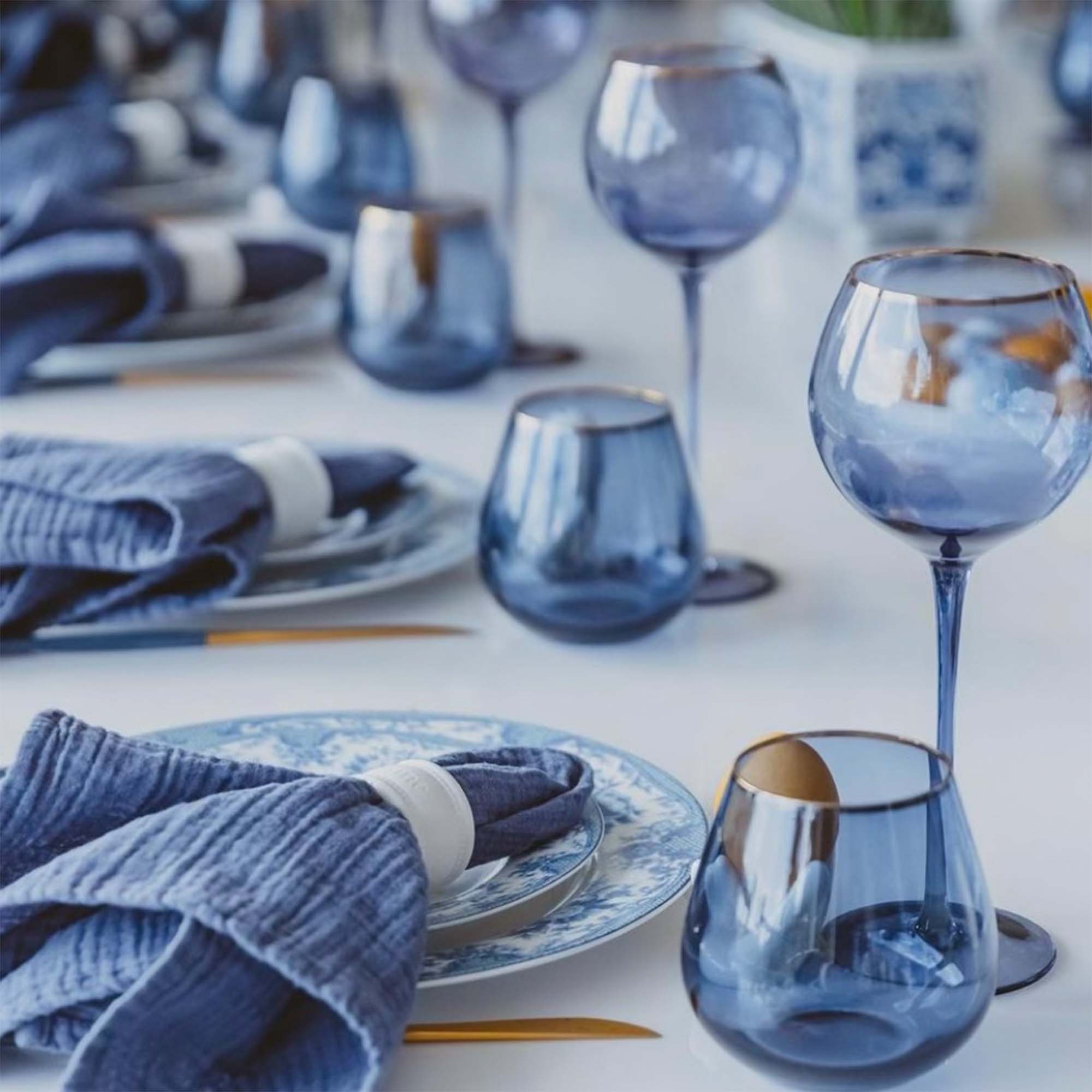 Siren White Wine Goblets – Atlantic Blue with Gold Rim (Set of 4)