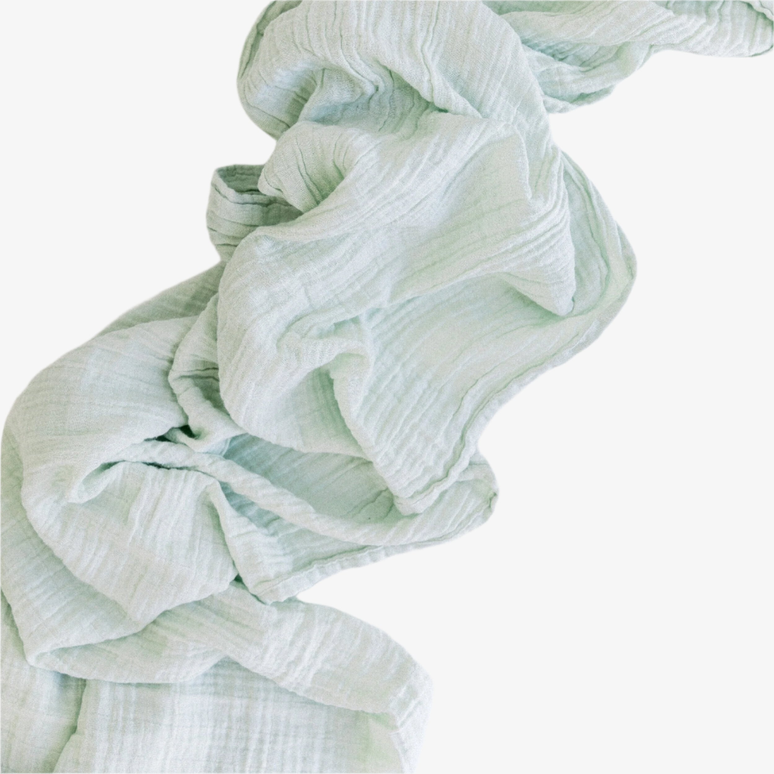 Sage organic cotton runner in light minty green with crinkled texture, 156 inches long